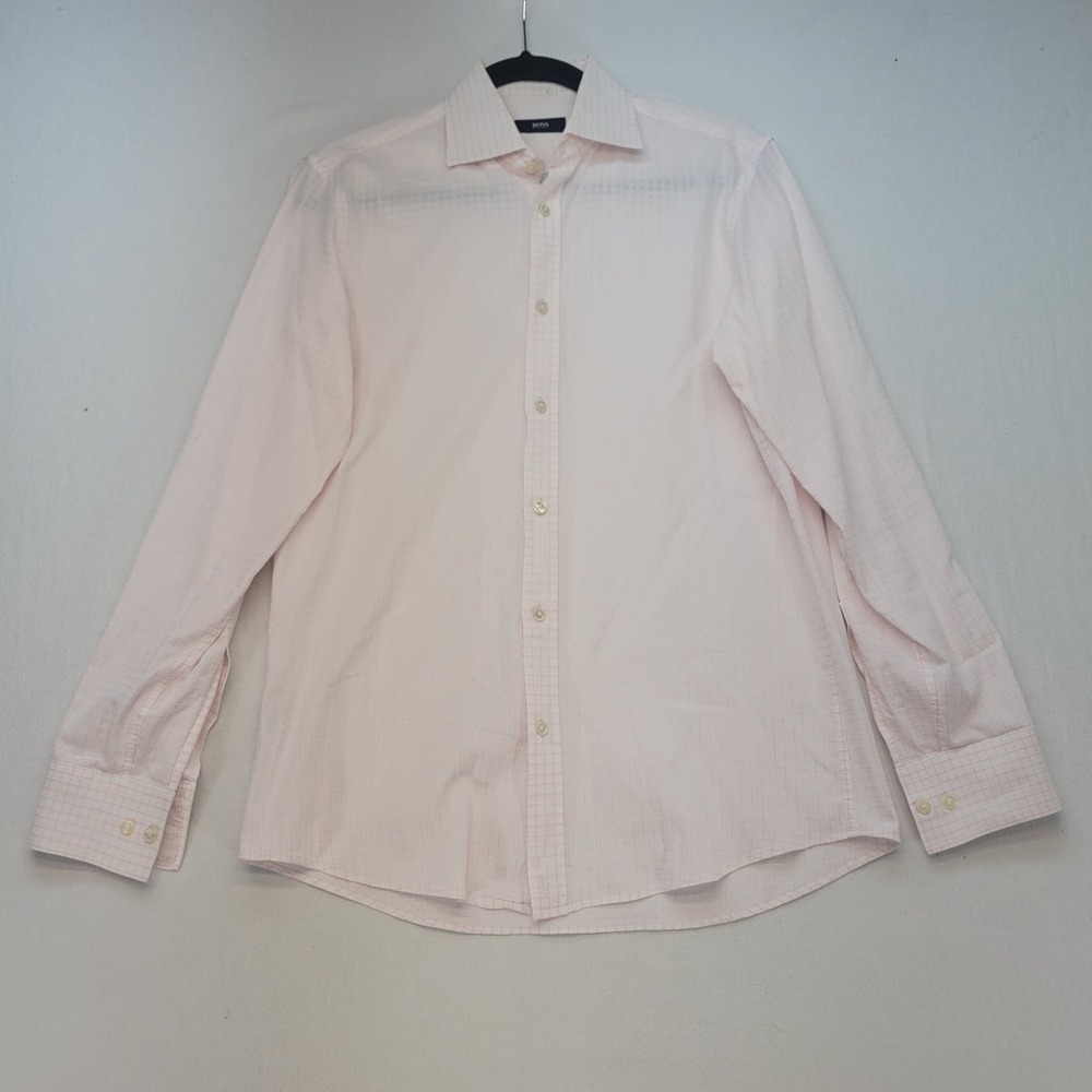 Hugo Boss Dress‎ Shirt Mens 15 32/33 Pink Micro Check Long Sleeve Button Up